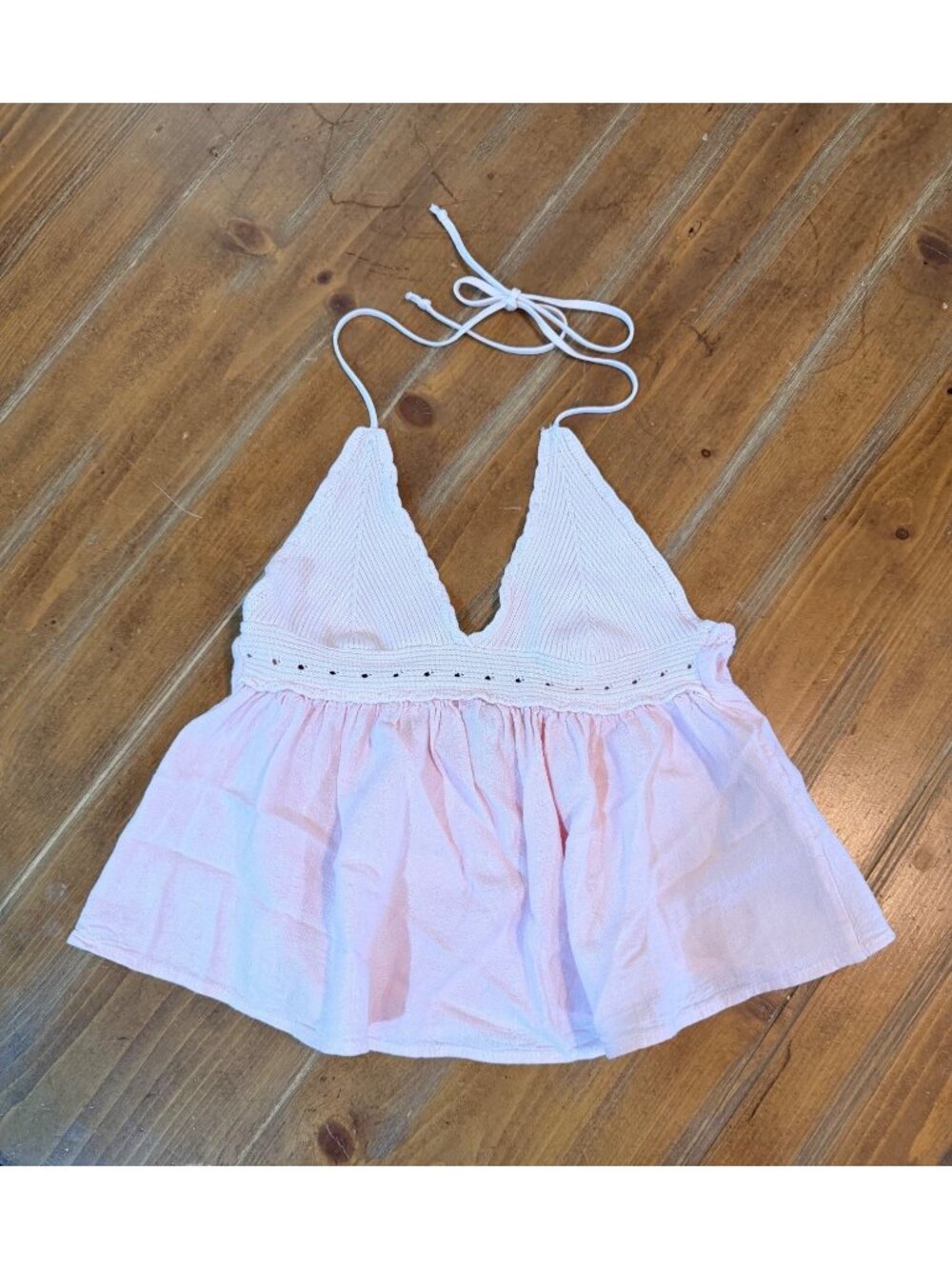 Pink Halter Top With Knit Bodice & Flowy Bottom Eyelet Detailing Adjustable Tie
